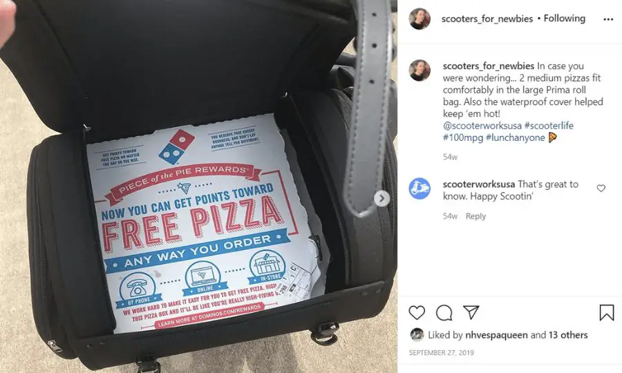 Instagram image of roll bag with lid held open to show pizza boxes on the inside. It is a good gift idea for a scooter rider if they need storage.