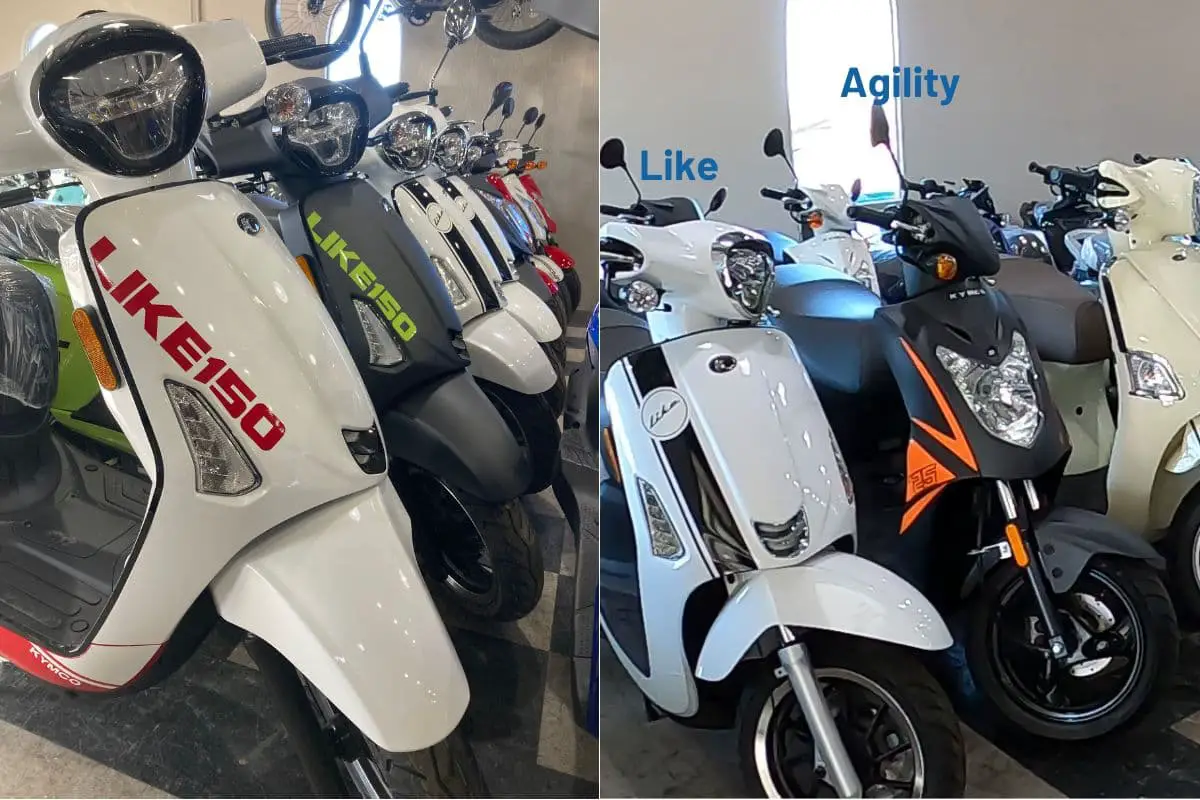 left side has a row of Kymco Likes at a dealer with the right side being a Like and Agility model at the dealer