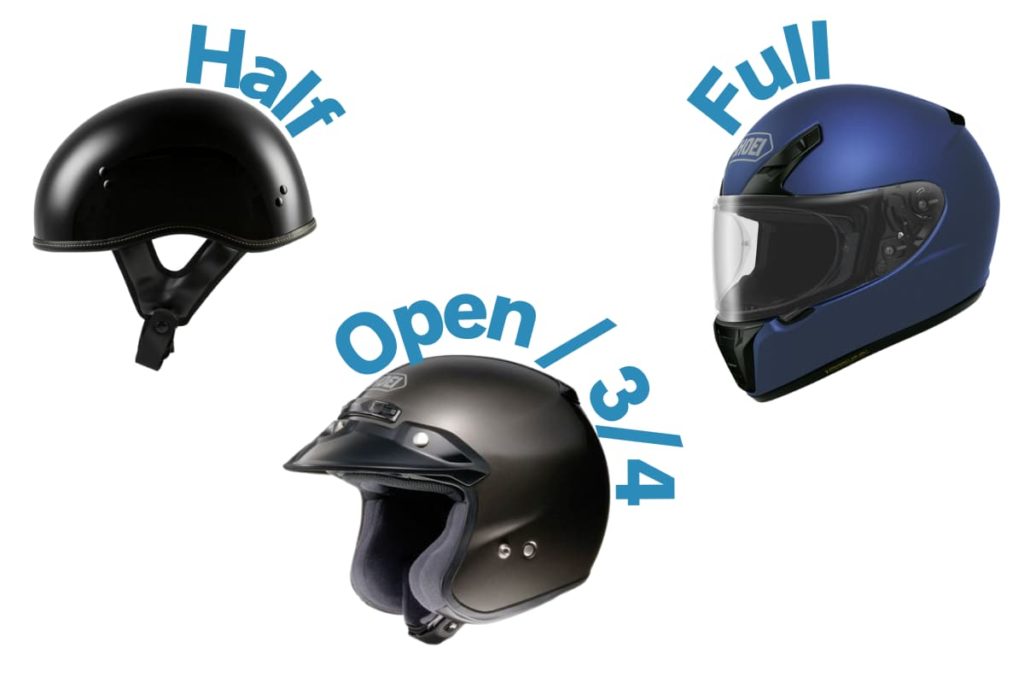 half, open, and full face motorcycle helmet examples