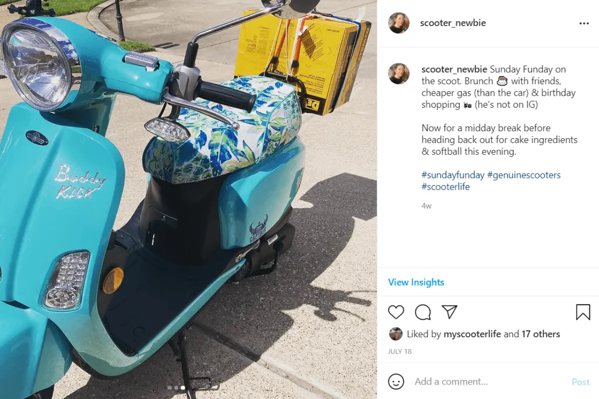 instagram post image of the turquoise Genuine Buddy Kick with a yellow Dewalt Saw strapped on the rear rack.