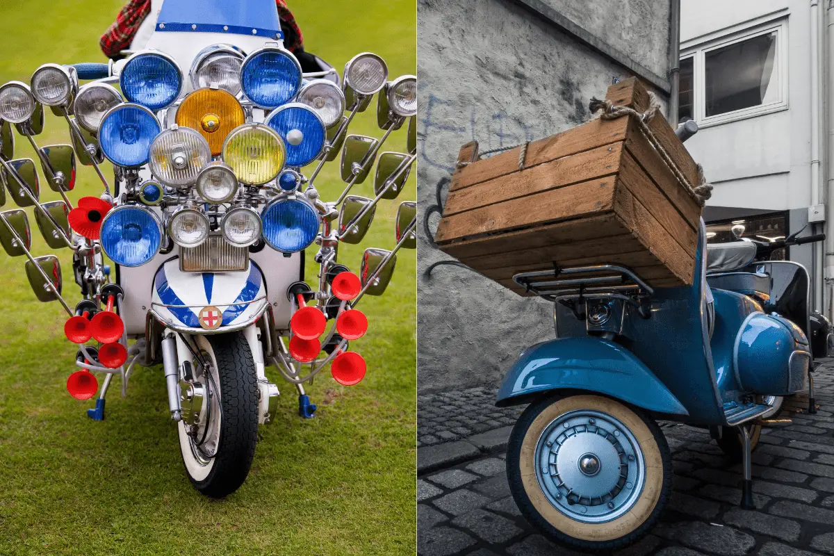 vintage Vespa with a lot of lights, mirrors and horns and a Vespa with a front rack that has an oversized wooden crate on the rack