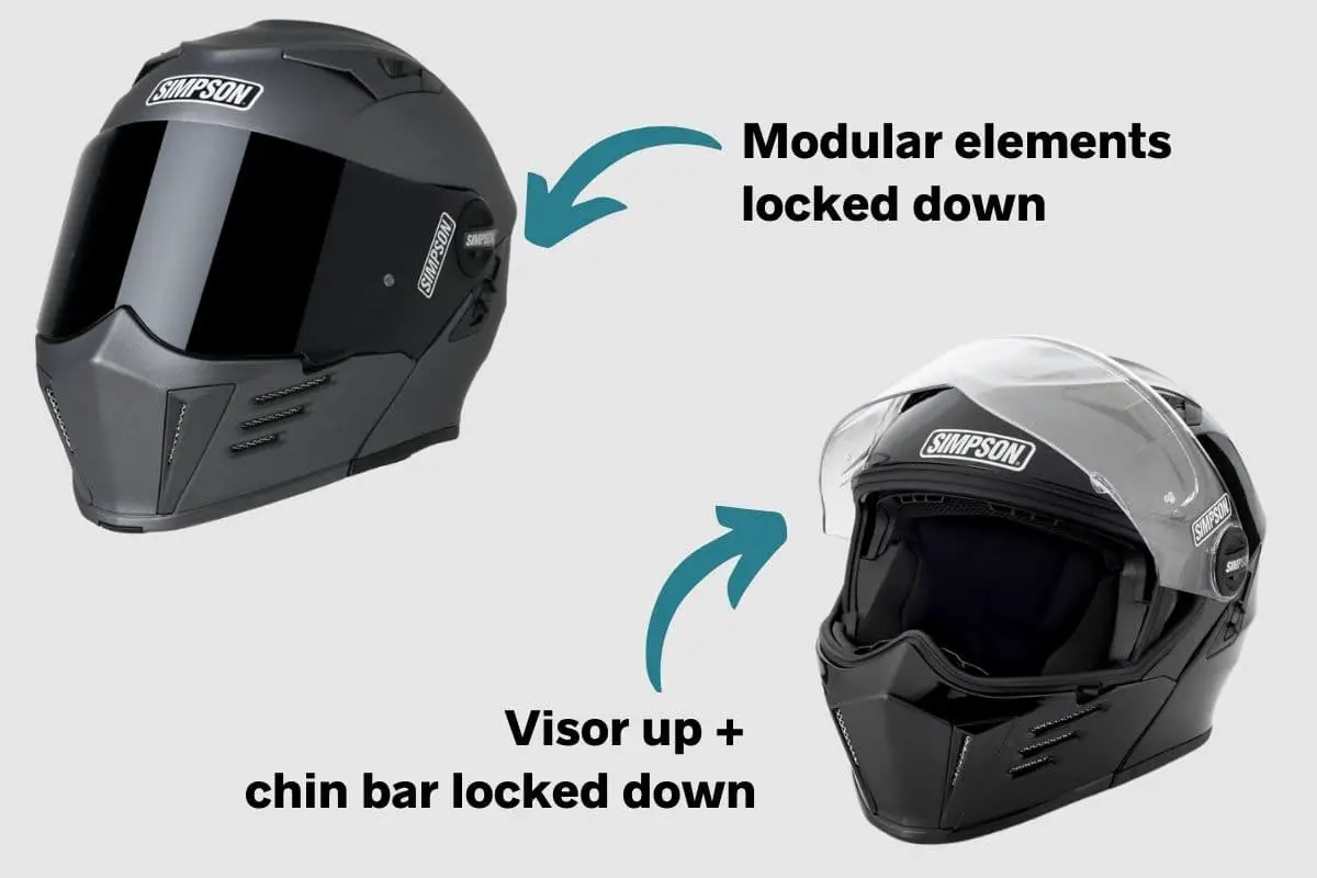 pros and cons of modular helmet with  this image showing all elements down and engaged and a version shown with the clear visor lifted up above the helmet with the tinted visor not seen as it is in the slot it resides in between the shell and fabric interior of the helmet
