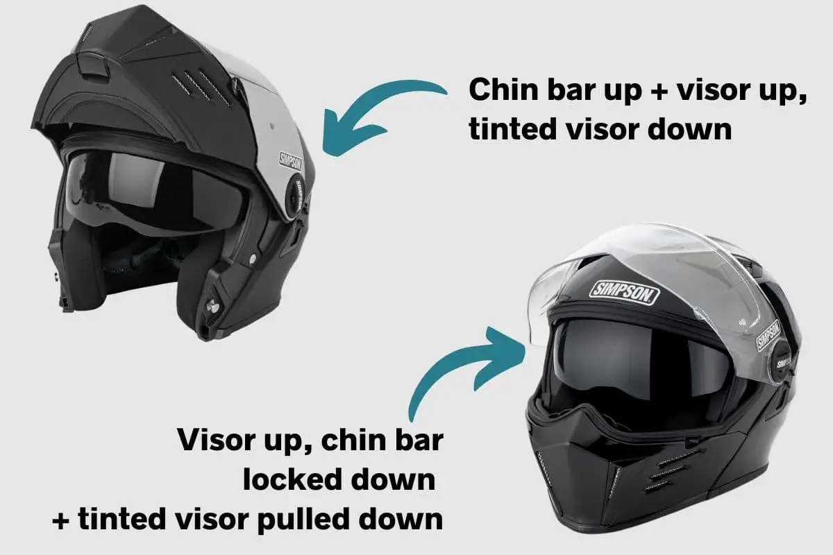modular helmets with the tinted visor with the chin bar and clear visor out of position acting as a type of open face helmet and a version with just the clear tinted visor in an upward position with the tinted visor and chin bar engaged