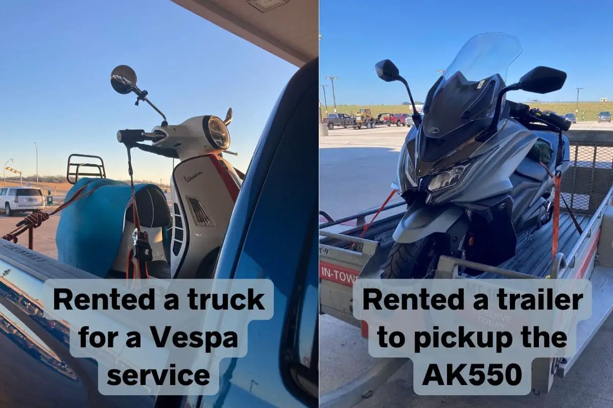 image split into 2 vertical with the left being a Vespa GTS strapped in the bed of a truck and the right side is a Kymco AK50 strapped to a rented Uhaul motorcycle trailer