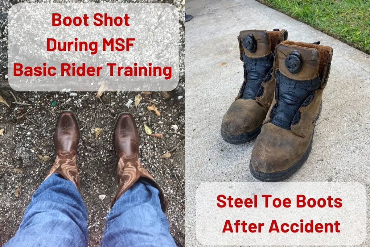 'cowboy' boots worn during a motorcycle training and steel toe workboots with no real damage after hitting the ground at a relatively high speed.