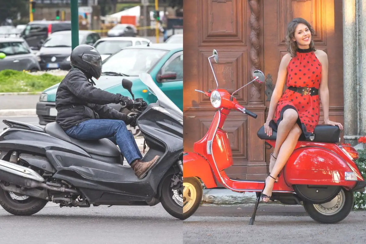 man on a maxi scooter wearing full ATGATT gear and another woman sitting on a Vespa in a dress without any gear