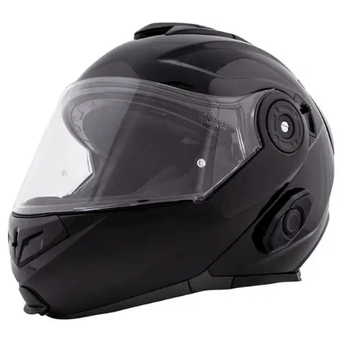 black modular helmet with a clear face shield. has a bluetooth element along the side
