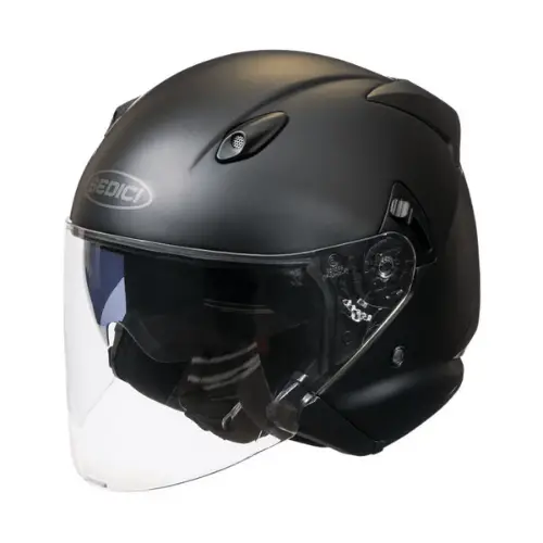 Open face black helmet with a face shield