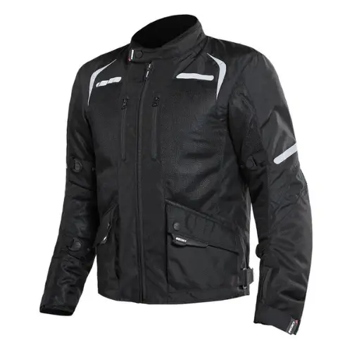 Mens' black motorcycle jacket with reflective elements