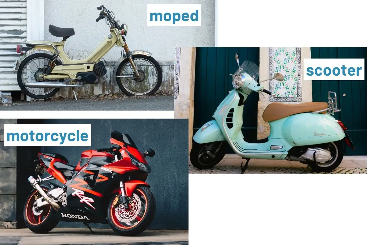 comparison view of a moped, scooter and sport-like motorcycle to highlight distinctions in their appearance