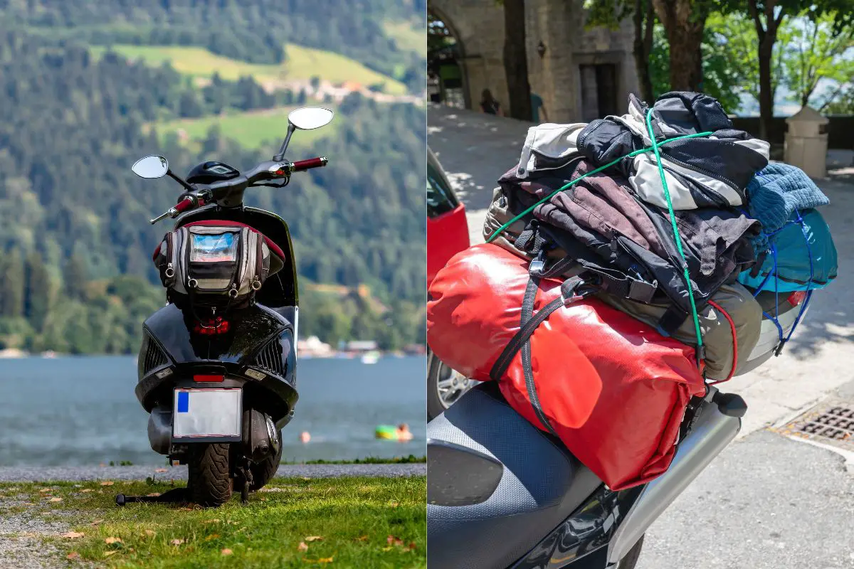 Light luggage on the rear rack of a Vespa & overloaded rear rack on a motorcycle for comparison